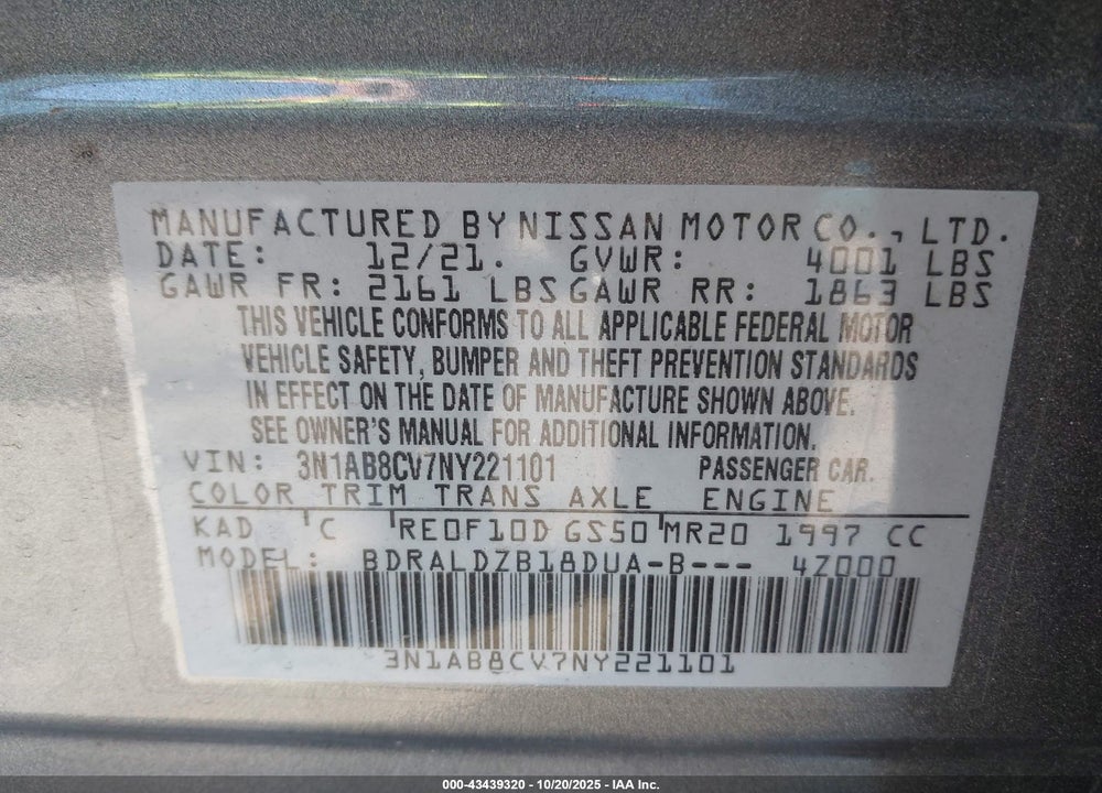 2022 NISSAN SENTRA SV XTRONIC CVT VIN: 3N1AB8CV7NY221101