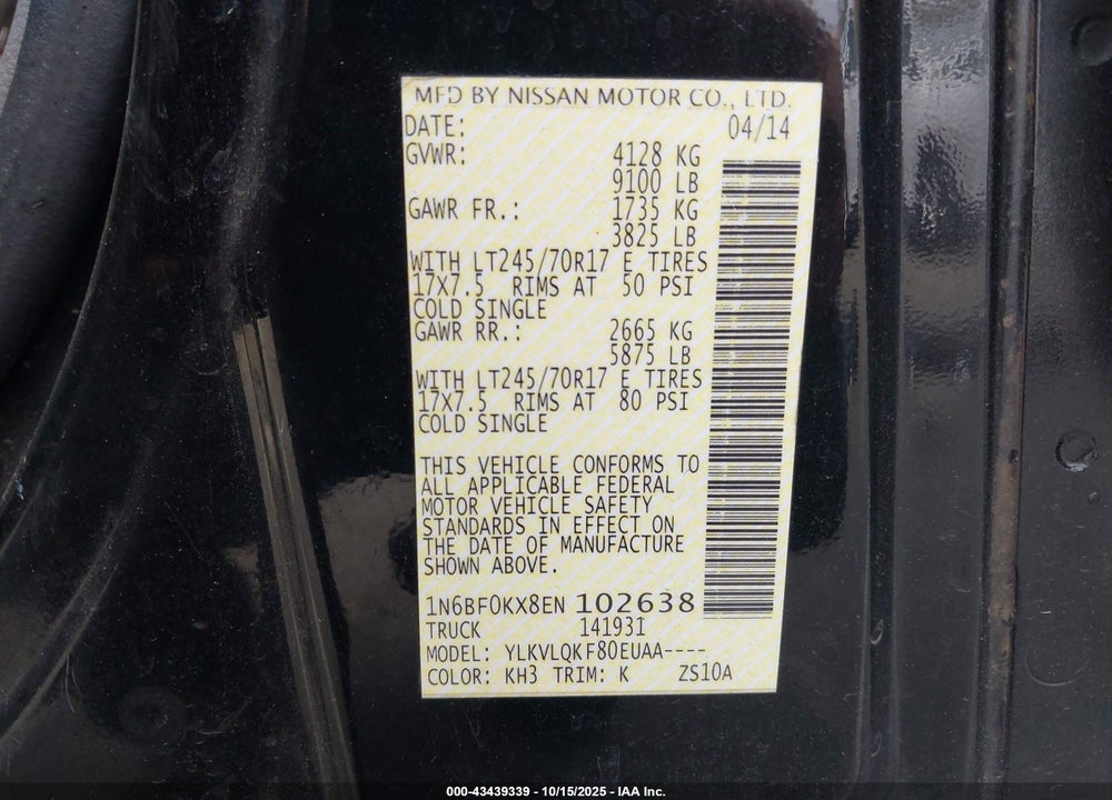 2014 NISSAN NV CARGO NV2500 HD S V6 VIN: 1N6BF0KX8EN102638