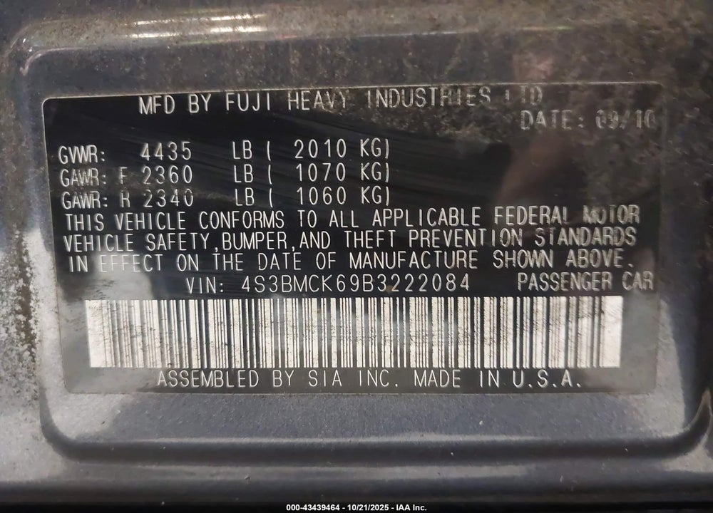 2011 SUBARU LEGACY 2.5I LIMITED VIN: 4S3BMCK69B3222084