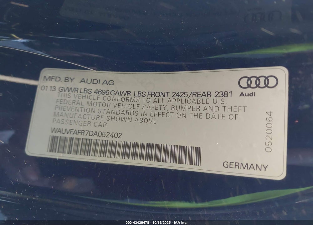 2013 AUDI A5 VIN: WAUVFAFR7DA052402