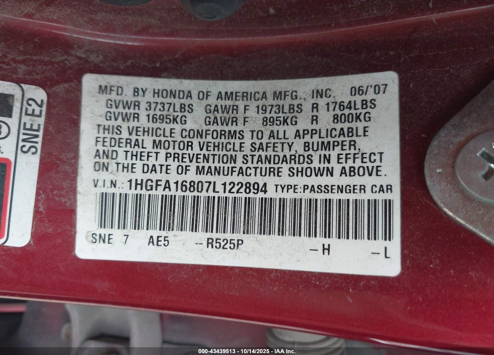 2007 HONDA CIVIC VIN: 1HGFA16807L122894