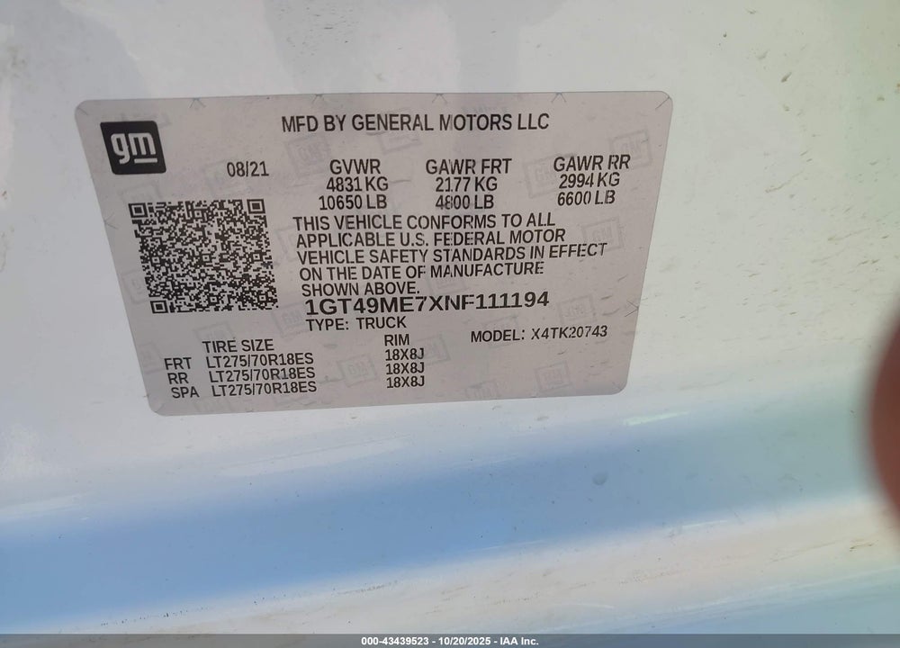2022 GMC SIERRA 2500HD 4WD  STANDARD BED SLE VIN: 1GT49ME7XNF111194