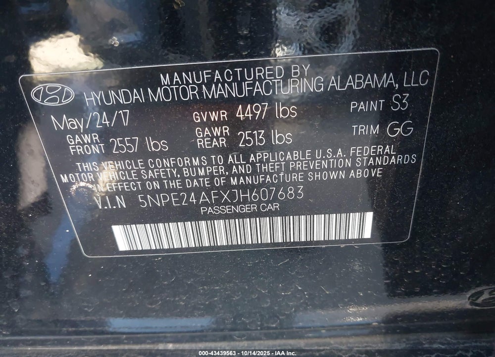 2018 HYUNDAI SONATA SE VIN: 5NPE24AFXJH607683