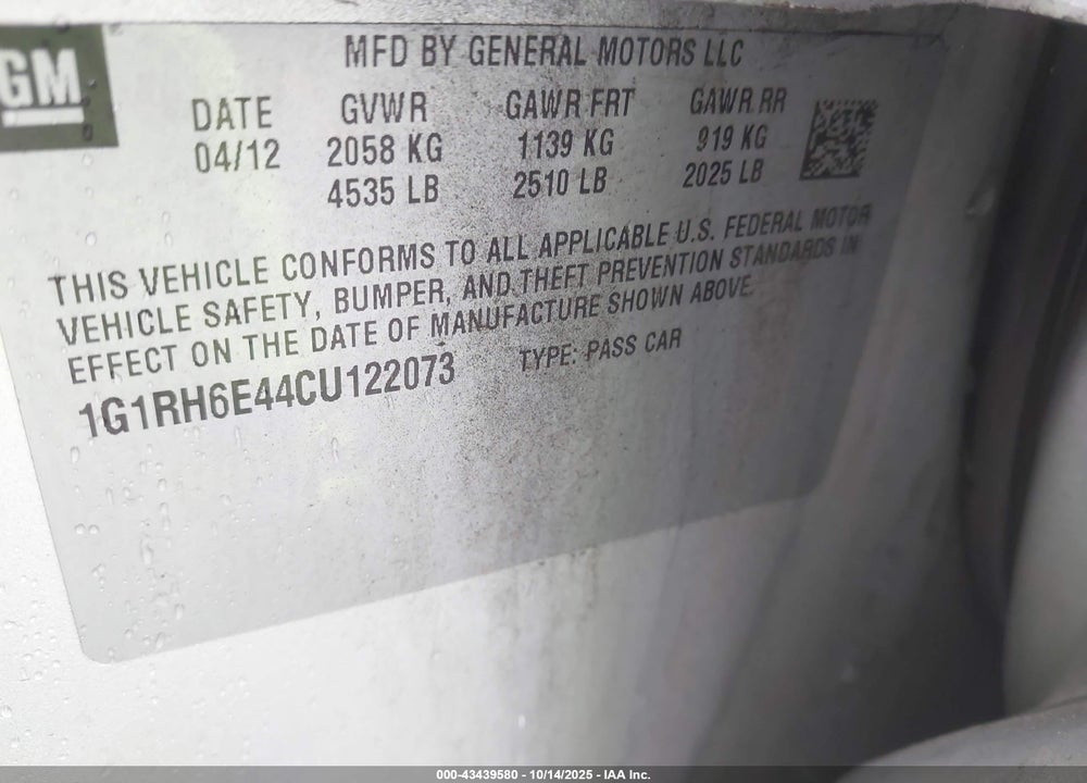 2012 CHEVROLET VOLT VIN: 1G1RH6E44CU122073