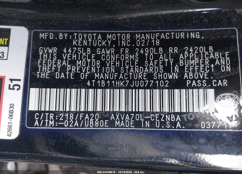 2018 TOYOTA CAMRY VIN: 4T1B11HK7JU077102