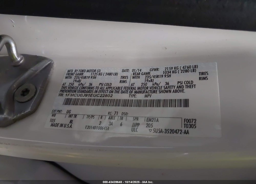 2014 FORD ESCAPE TITANIUM VIN: 1FMCU0J91EUC22802