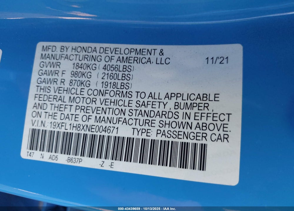 2022 HONDA CIVIC SPORT TOURING VIN: 19XFL1H8XNE004671