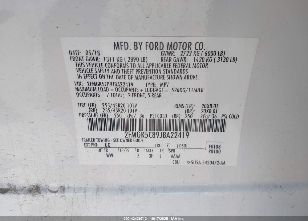 2018 FORD FLEX SEL VIN: 2FMGK5C89JBA22419