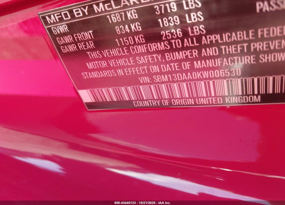 2019 MCLAREN 570S VIN: SBM13DAA0KW006530
