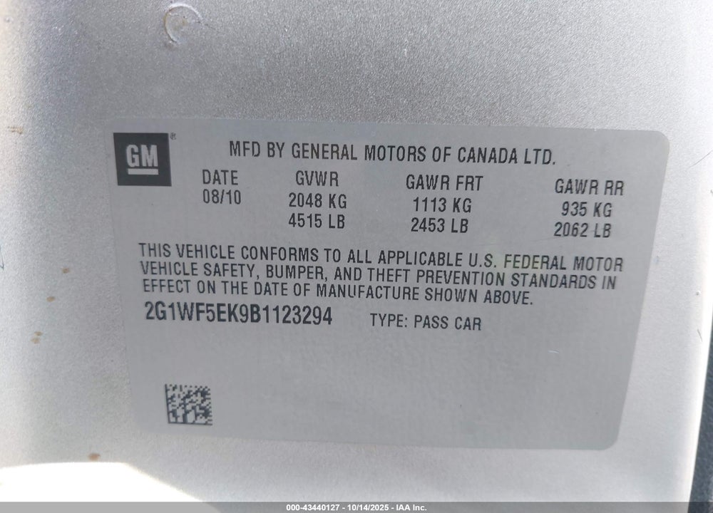 2011 CHEVROLET IMPALA VIN: 2G1WF5EK9B1123294