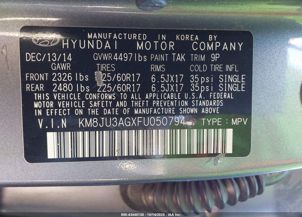 2015 HYUNDAI TUCSON SE VIN: KM8JU3AGXFU050794