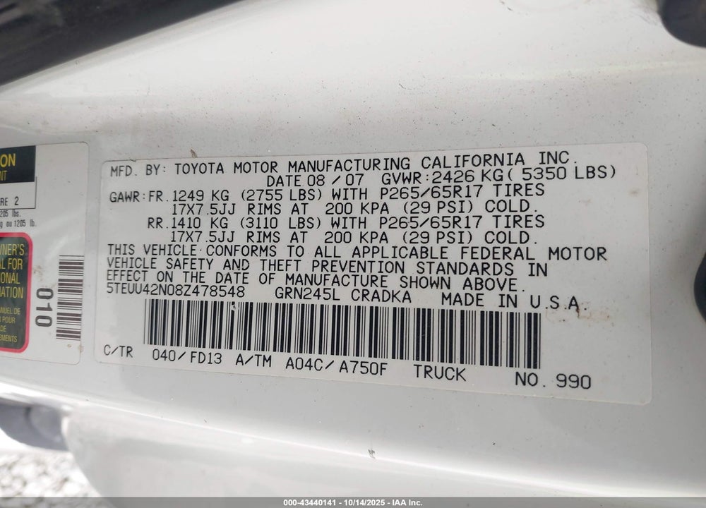 2008 TOYOTA TACOMA BASE V6 VIN: 5TEUU42N08Z478548
