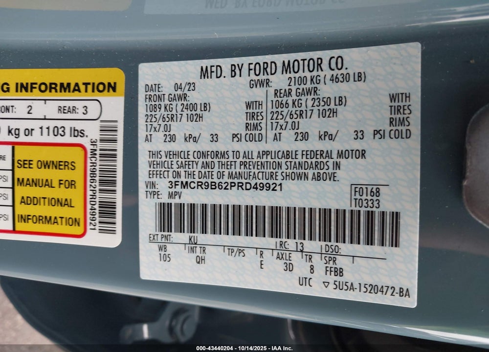 2023 FORD BRONCO SPORT BIG BEND VIN: 3FMCR9B62PRD49921