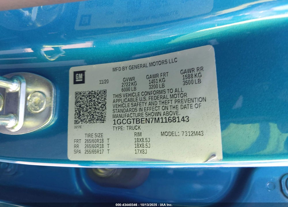 2021 CHEVROLET COLORADO 4WD SHORT BOX WT VIN: 1GCGTBEN7M1168143