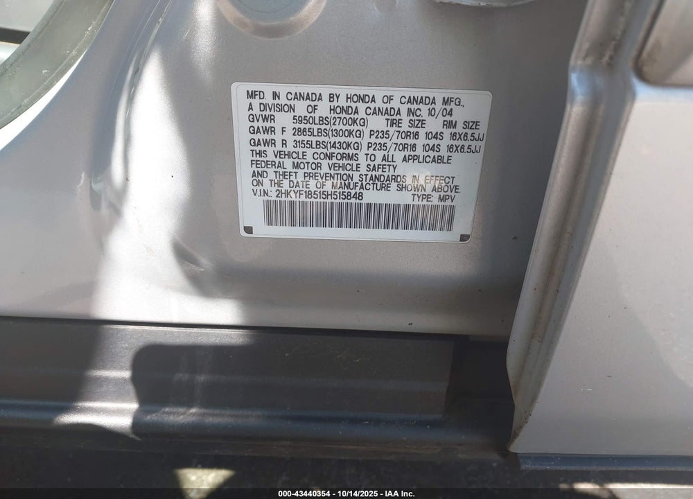 2005 HONDA PILOT EX-L VIN: 2HKYF18515H515848