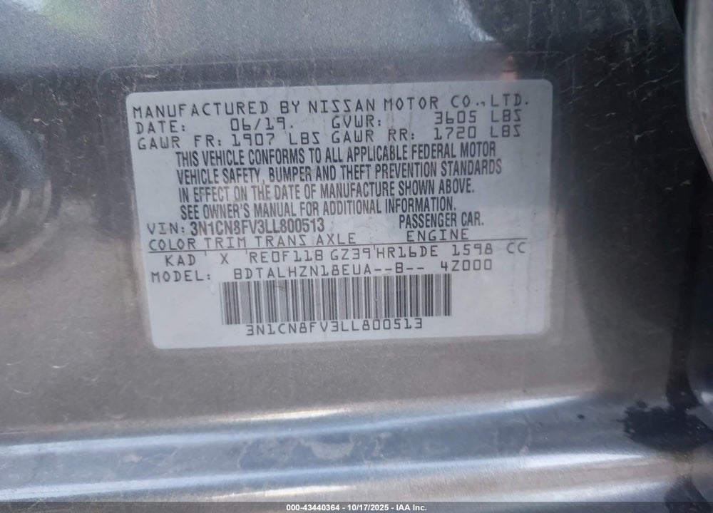 2020 NISSAN VERSA SR XTRONIC CVT VIN: 3N1CN8FV3LL800513