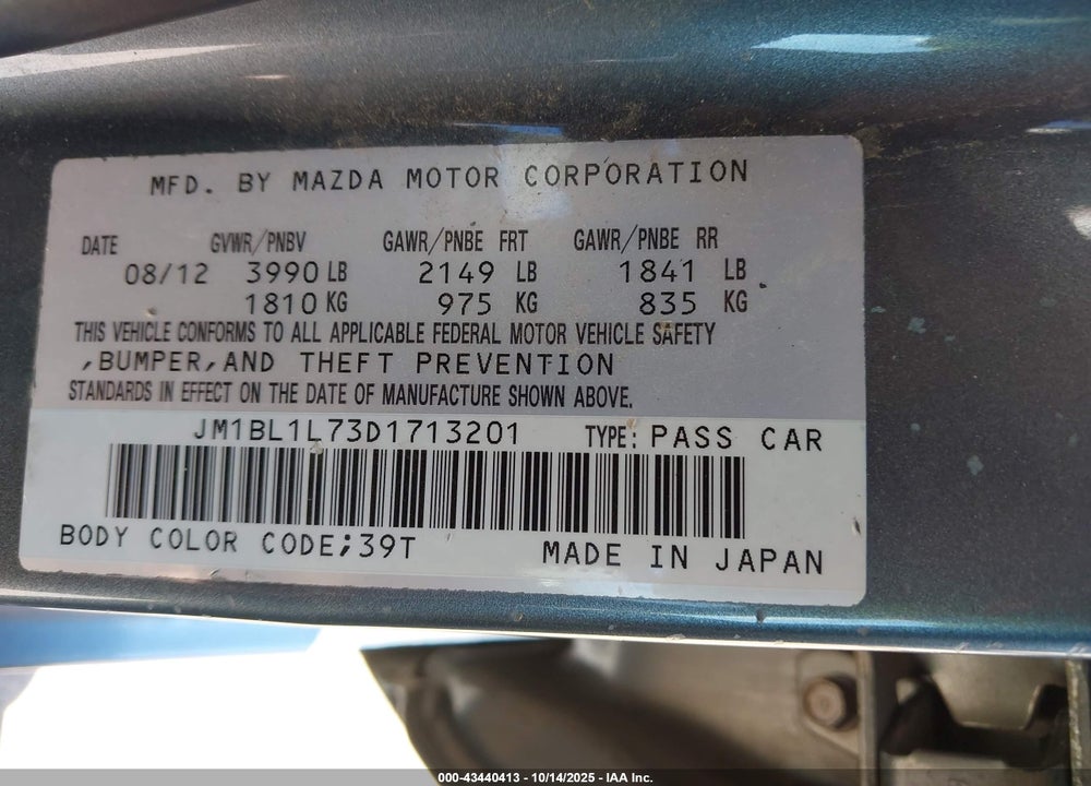 2013 MAZDA 3 VIN: JM1BL1L73D1713201