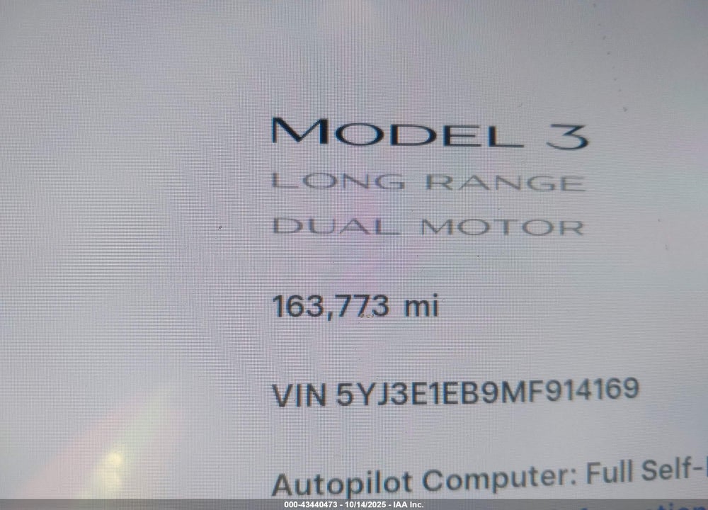2021 TESLA MODEL 3 LONG RANGE DUAL MOTOR ALL-WHEEL DRIVE VIN: 5YJ3E1EB9MF914169