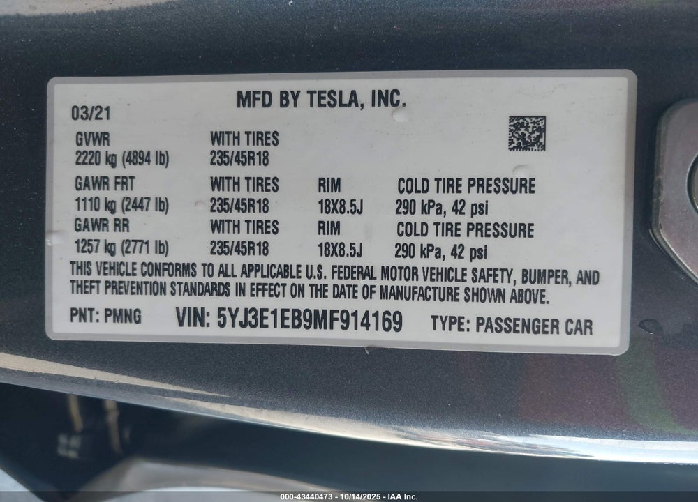 2021 TESLA MODEL 3 LONG RANGE DUAL MOTOR ALL-WHEEL DRIVE VIN: 5YJ3E1EB9MF914169