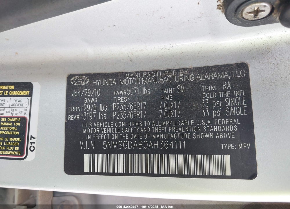 2010 HYUNDAI SANTA FE GLS VIN: 5NMSGDAB0AH364111