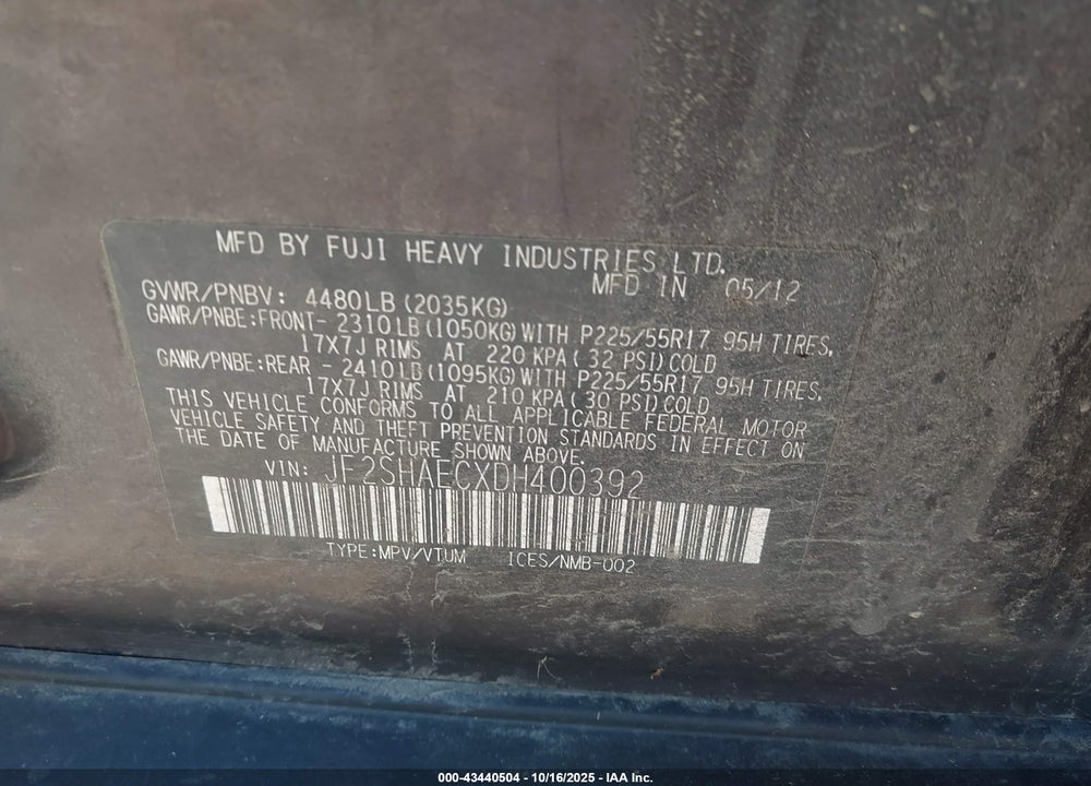 2013 SUBARU FORESTER VIN: JF2SHAECXDH400392