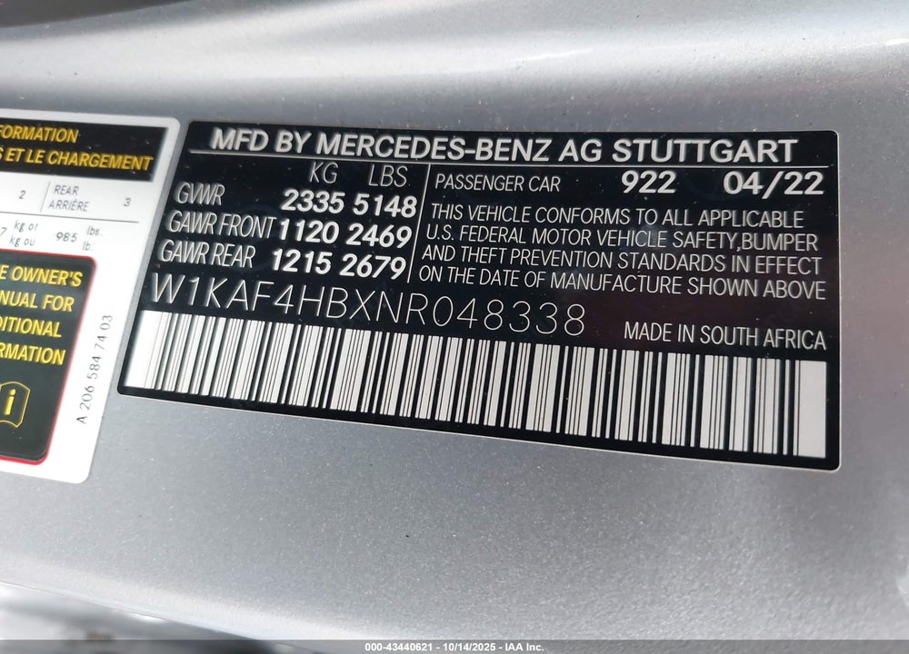 2022 MERCEDES-BENZ C 300 4MATIC VIN: W1KAF4HBXNR048338