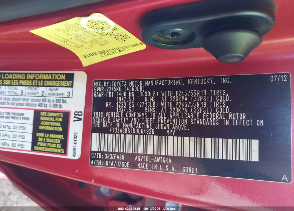 2013 TOYOTA VENZA LE VIN: 4T3ZA3BB1DU064926