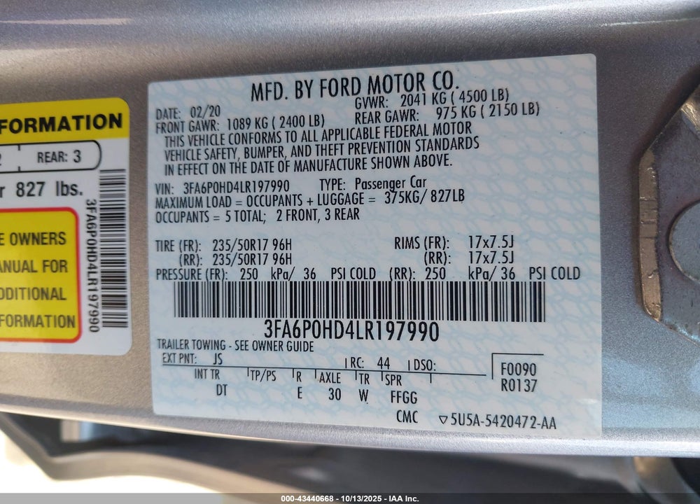 2020 FORD FUSION VIN: 3FA6P0HD4LR197990