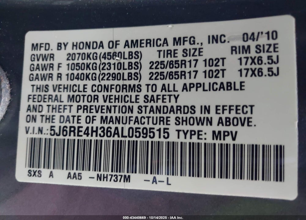 2010 HONDA CR-V LX VIN: 5J6RE4H36AL059515