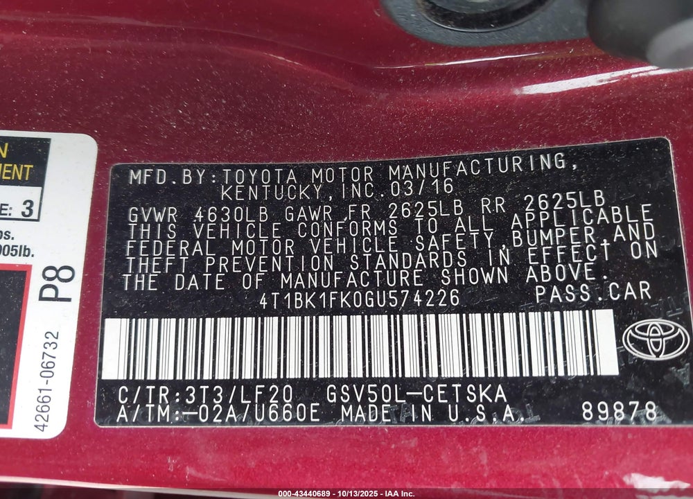 2016 TOYOTA CAMRY VIN: 4T1BK1FK0GU574226