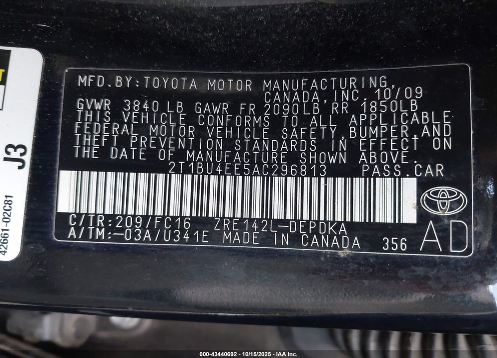 2010 TOYOTA COROLLA VIN: 2T1BU4EE5AC296813