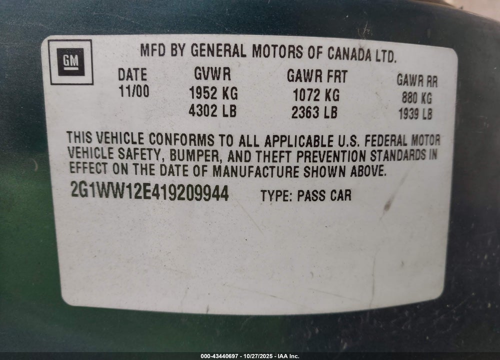 2001 CHEVROLET MONTE CARLO LS VIN: 2G1WW12E419209944