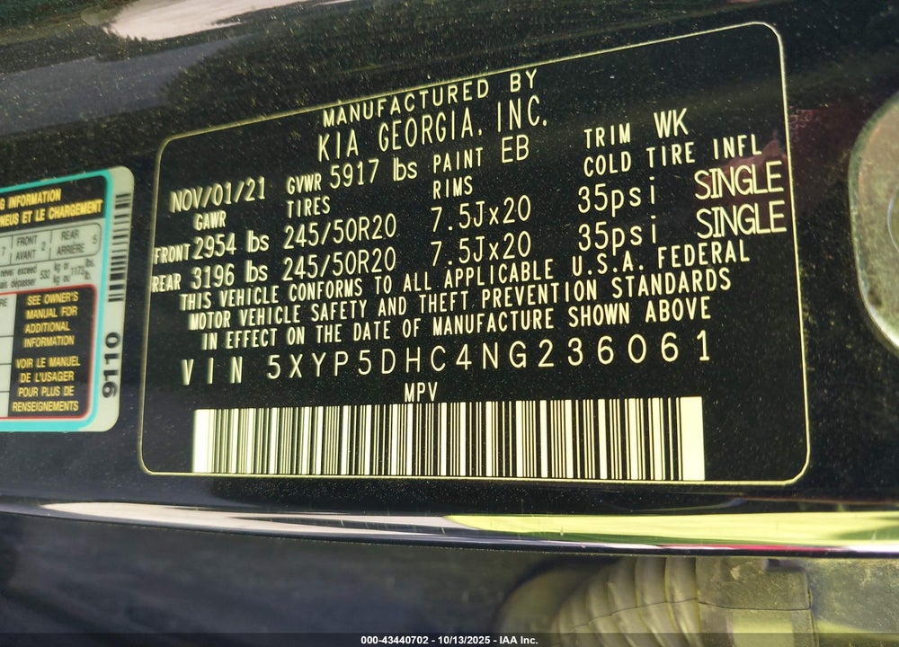 2022 KIA TELLURIDE VIN: 5XYP5DHC4NG236061