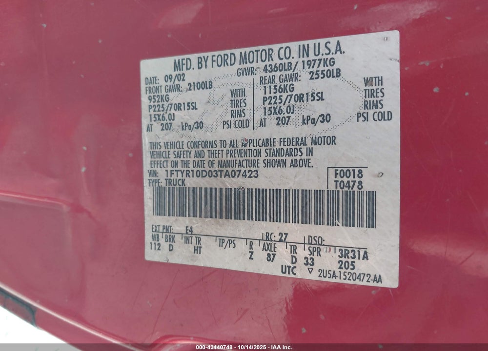 2003 FORD RANGER XL/XLT VIN: 1FTYR10D03TA07423