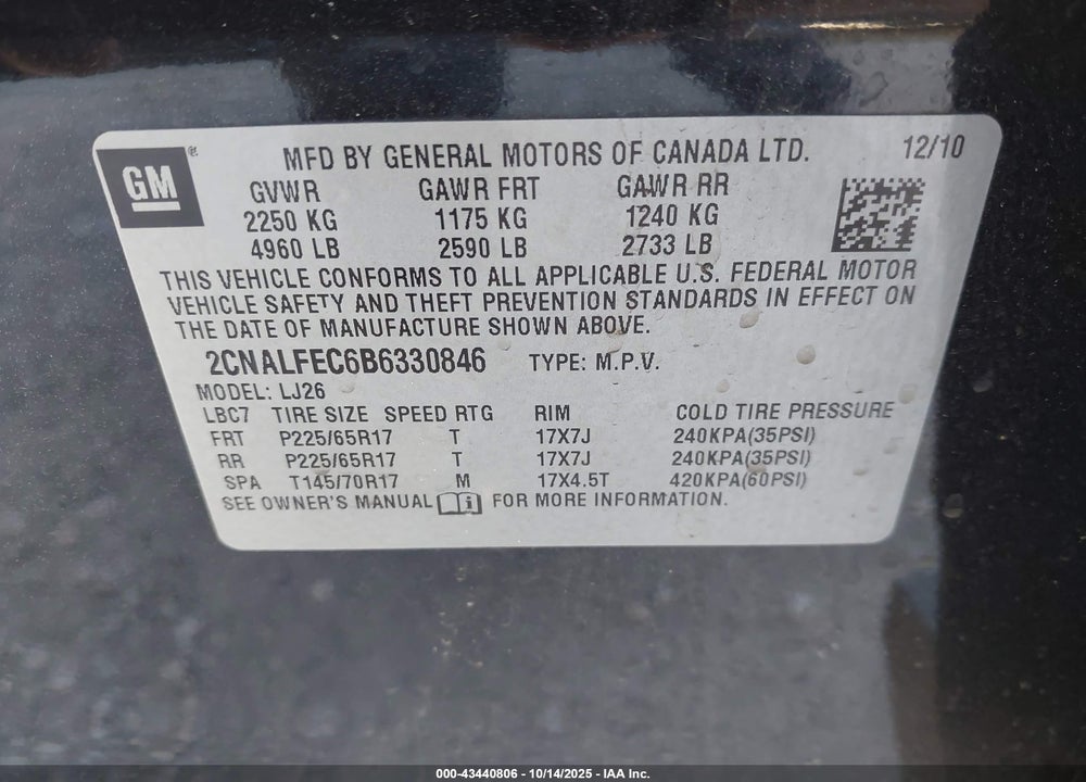 2011 CHEVROLET EQUINOX LTZ VIN: 2CNALFEC6B6330846