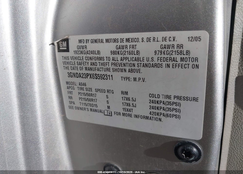 2006 CHEVROLET HHR VIN: 3GNDA23PX6S592311