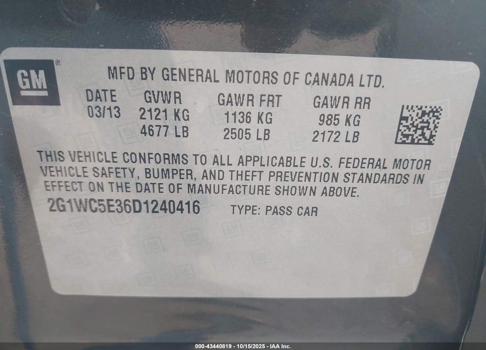 2013 CHEVROLET IMPALA VIN: 2G1WC5E36D1240416
