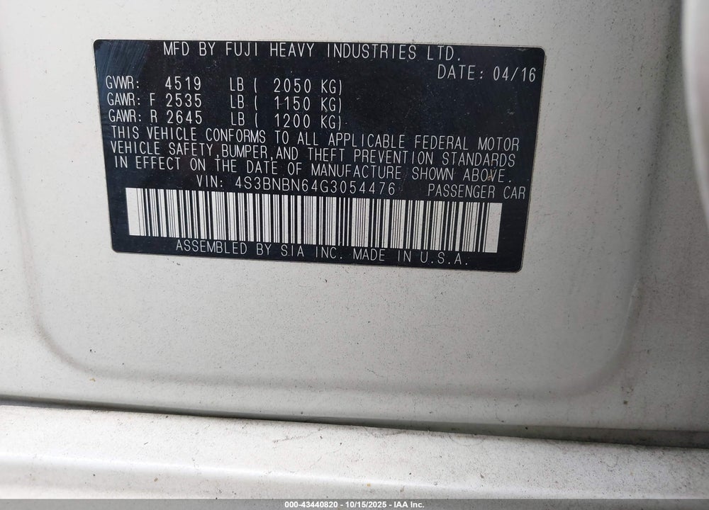2016 SUBARU LEGACY VIN: 4S3BNBN64G3054476
