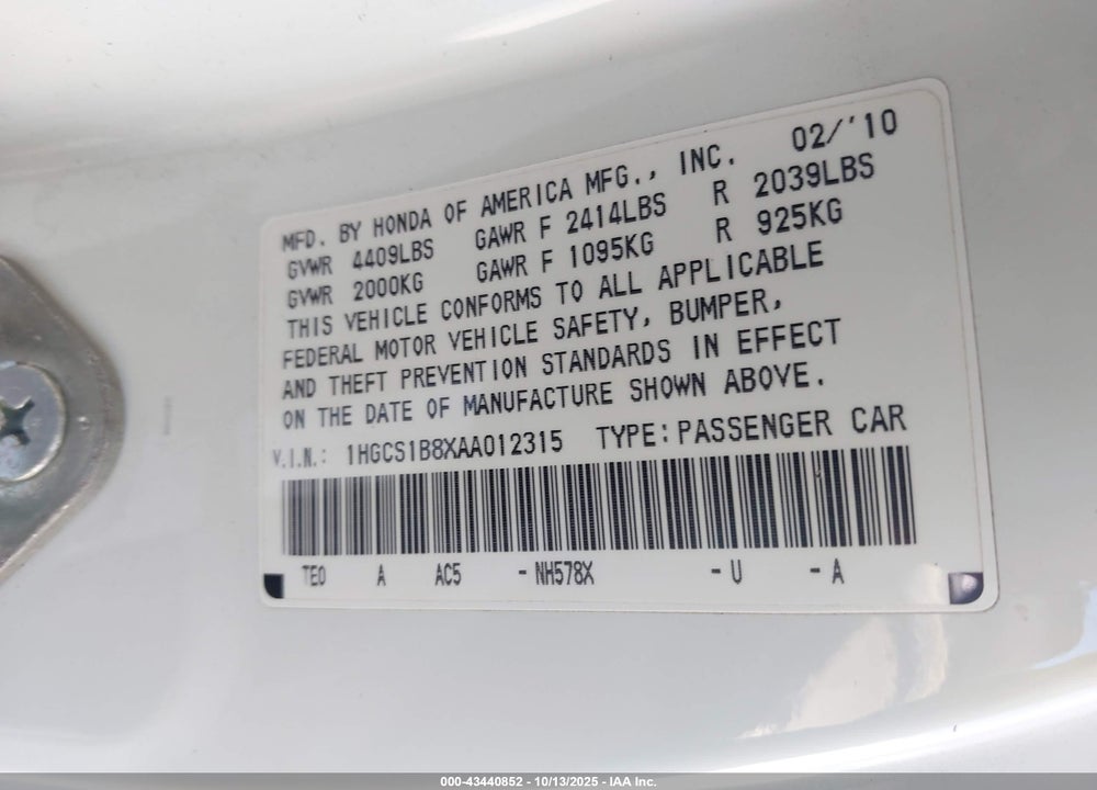 2010 HONDA ACCORD 2.4 EX-L VIN: 1HGCS1B8XAA012315