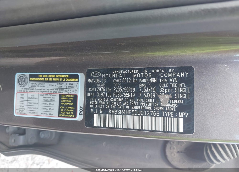 2013 HYUNDAI SANTA FE LIMITED VIN: KM8SR4HF5DU012766