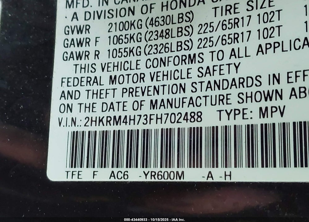 2015 HONDA CR-V VIN: 2HKRM4H73FH702488