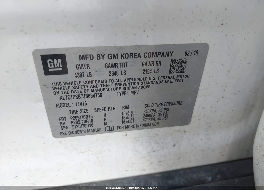 2018 CHEVROLET TRAX VIN: KL7CJPSB7JB654756