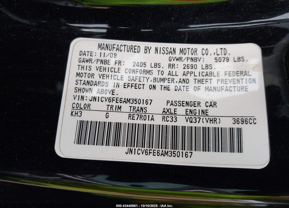 2010 INFINITI G37 VIN: JN1CV6FE6AM350167