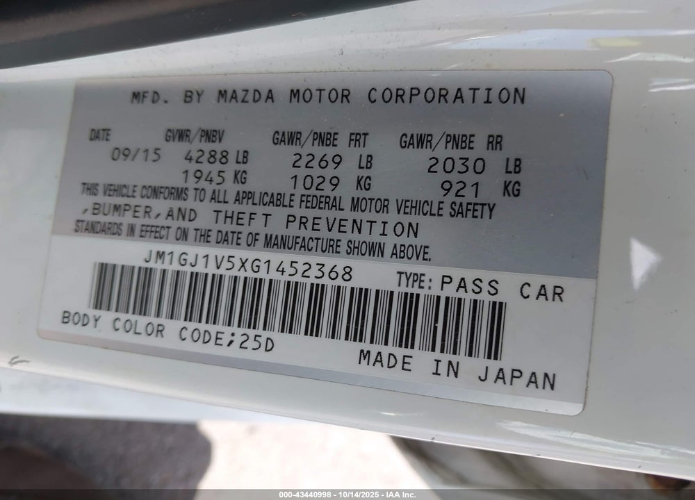 2016 MAZDA 6 VIN: JM1GJ1V5XG1452368