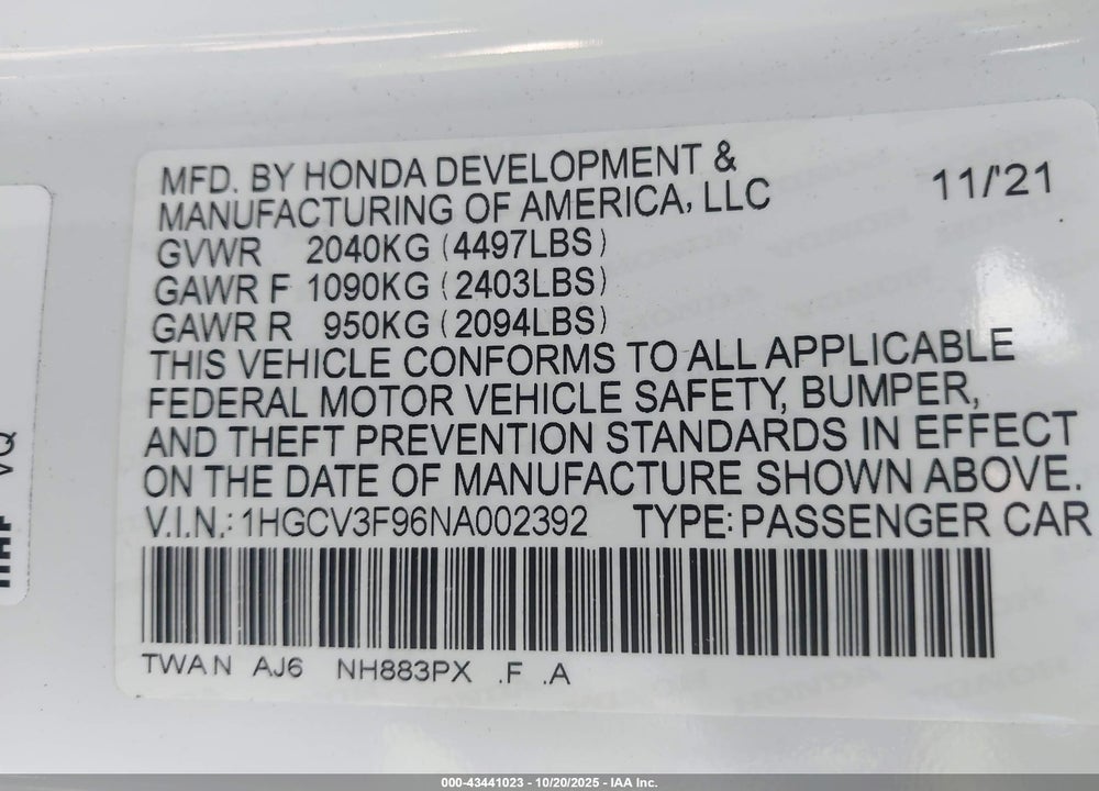 2022 HONDA ACCORD HYBRID TOURING VIN: 1HGCV3F96NA002392
