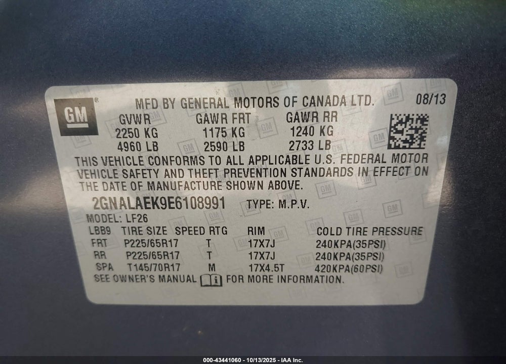 2014 CHEVROLET EQUINOX VIN: 2GNALAEK9E6108991