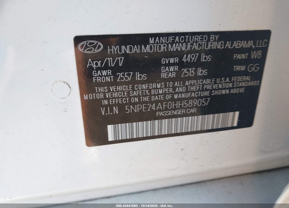 2017 HYUNDAI SONATA VIN: 5NPE24AF0HH589057