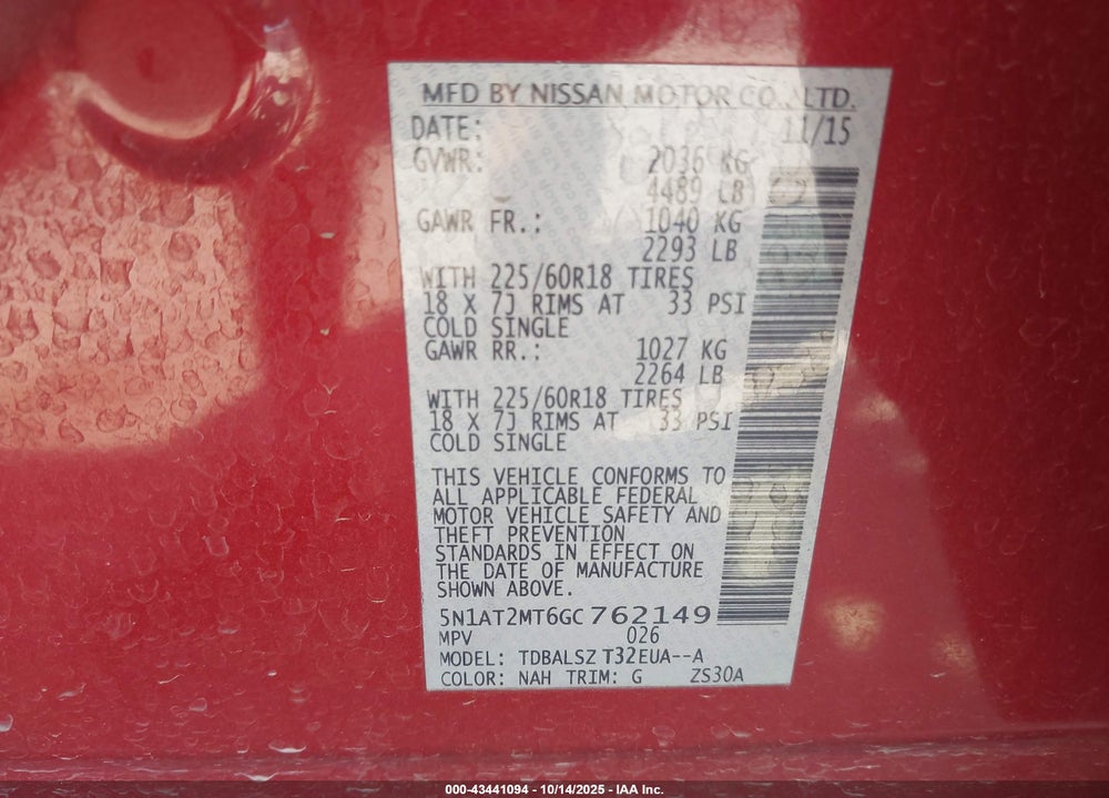 2016 NISSAN ROGUE SL VIN: 5N1AT2MT6GC762149