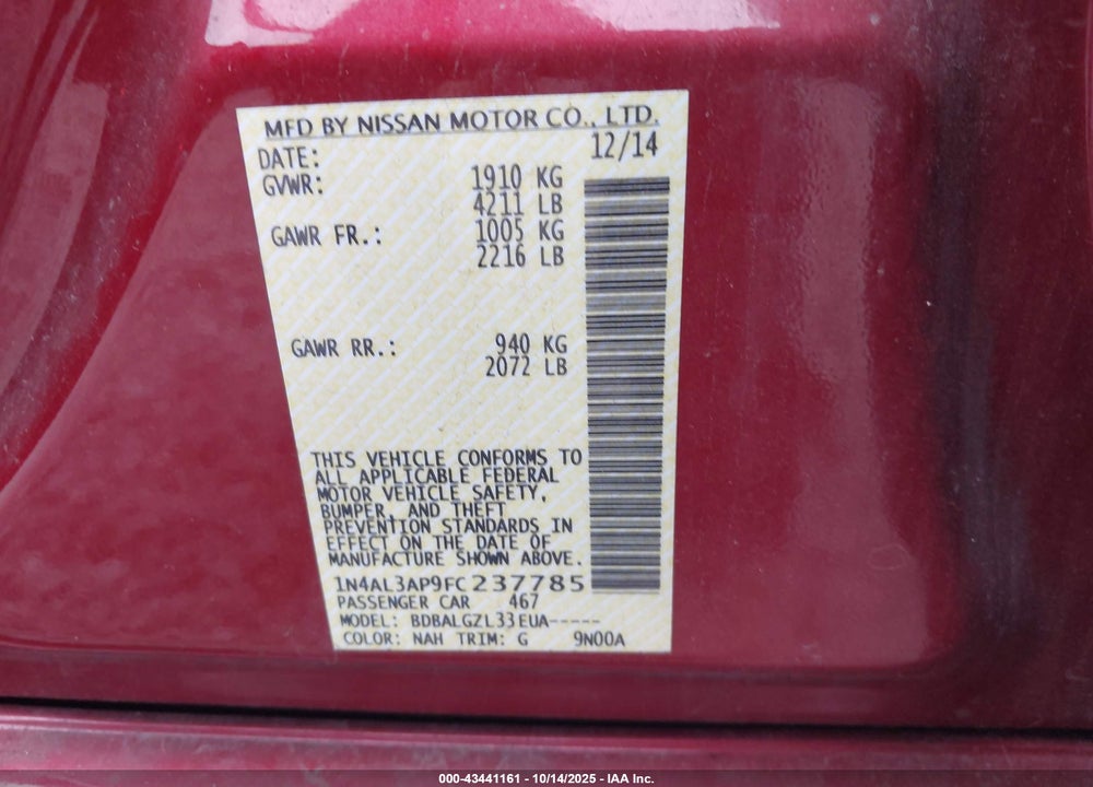 2015 NISSAN ALTIMA VIN: 1N4AL3AP9FC237785