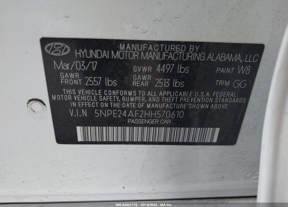 2017 HYUNDAI SONATA VIN: 5NPE24AF2HH570610